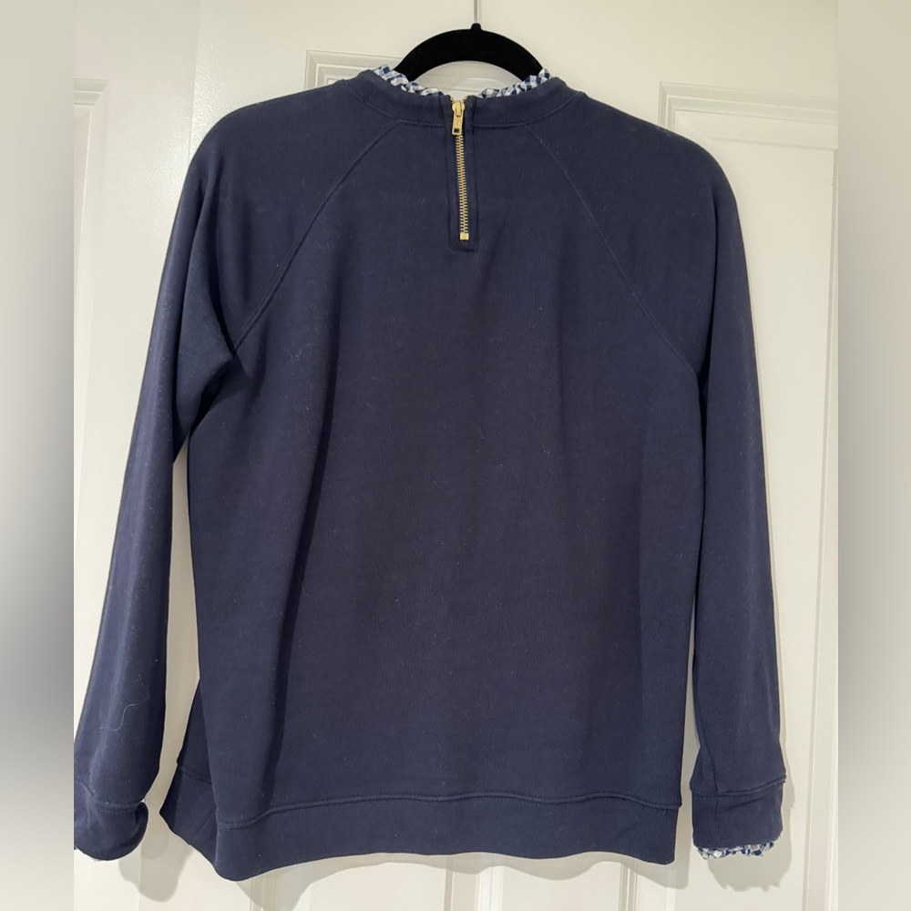 J. Crew long sleeve navy top with checked ruffle details. - Picture 2 of 6
